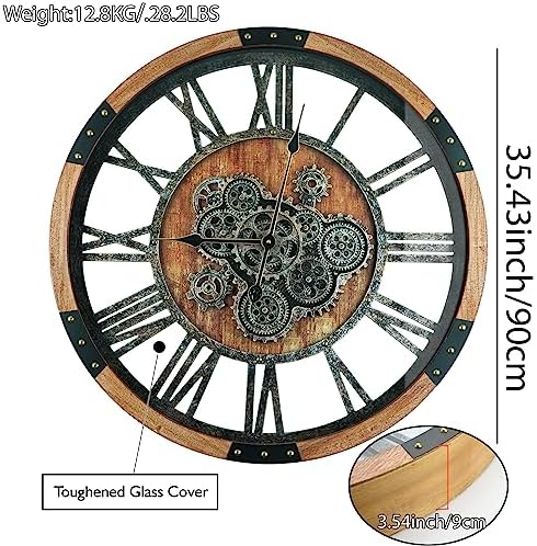 36'' Large Wall Clock Real Moving Gears Oversized Industrial Solid Wood Rusic - Image 5