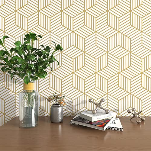 MelunMer Geometric Contact Paper Peel and Stick Wallpaper Gold 17.7”×787” by MelunMer