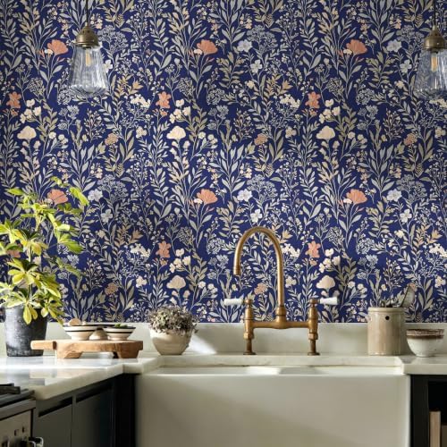 Froluya Dark Blue Floral Peel and Stick Wallpaper Vintage Floral Wallpaper - Image 4