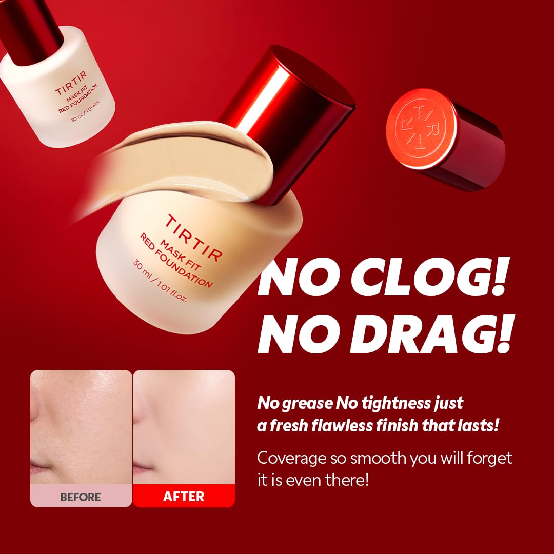 TIRTIR Mask Fit Red FoundationㅣLong Lasting Flawless Coverage, Energy Essence, Lightweight, Hydrating, Pore-Blurring, Breathable Satin Finish, Makeup, Radiant Skin, #11C Cool Rosy, 1.01 Fl Oz