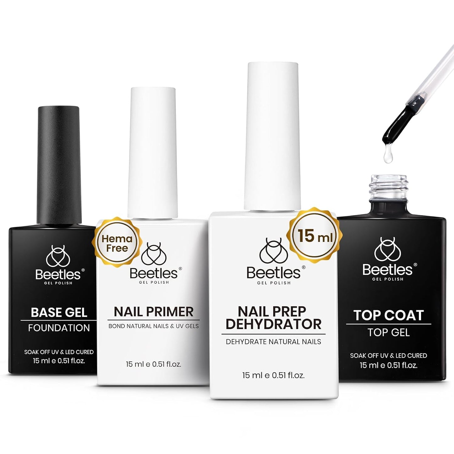 Beetles 4 Pcs 15ml Gel Top Coat and Base Coat Set with Nail Dehydrator and Primer Professional Nail Prep Acid-Free & Hema-Free Dehydrate Bond Primer Set for Acrylic & Gel Nail Polish Fall Nail Gifts
