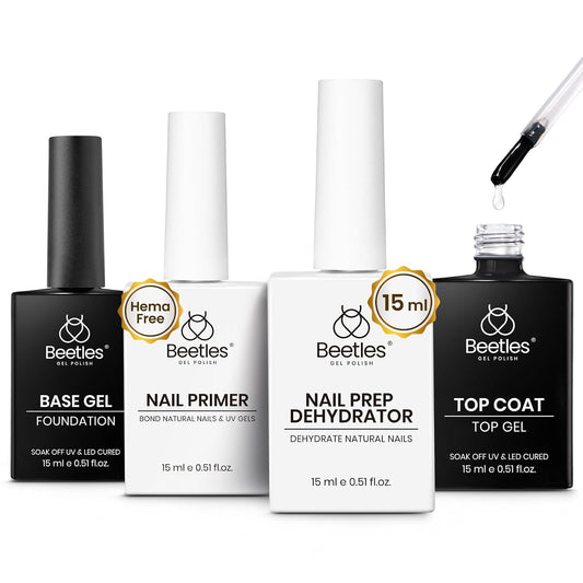 Beetles 4 Pcs 15ml Gel Top Coat and Base Coat Set with Nail Dehydrator and Primer Professional Nail Prep Acid-Free & Hema-Free Dehydrate Bond Primer Set for Acrylic & Gel Nail Polish Fall Nail Gifts