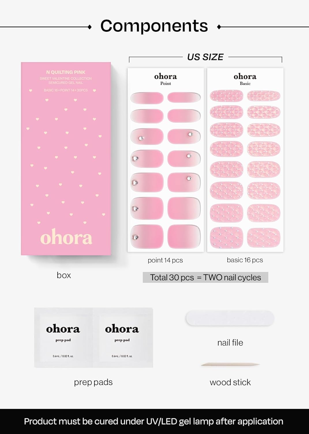 ohora Semi Cured Gel Nail Strips (N Quilting Pink) - Pink, Works with Any UV/LED Lamps, Salon-Quality, Long Lasting, Easy to Apply & Remove - Includes 2 Prep Pads, Nail File & Wooden Stick