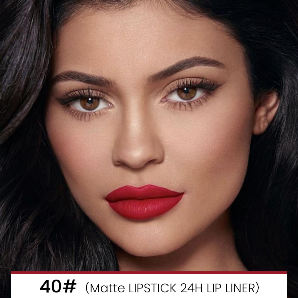 evpct 1Pcs Red Velvet Matte Lip Liner and Lipstick Combo Set Kit for Women, Dark Ruby Sexy Red Magic 24 Hours Lipstick and Lip Liner Gloss Stain Makeup Set Long Lasting Waterproof 24 labial, 40#