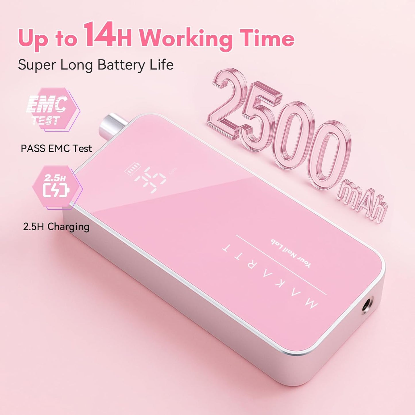 Makartt Nail Drill Professional: 60W 35000RPM Electric Nail File with Coreless Motor, 2 in 1 Desktop & Portable, Drill Bits and LCD Display for Acrylic Gel Nails, Nouvella Pink