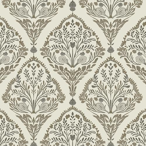 Laatse Vintage Khaki Floral Botanical Symmetrical Wallpaper 17.5" x 118" by Laatse