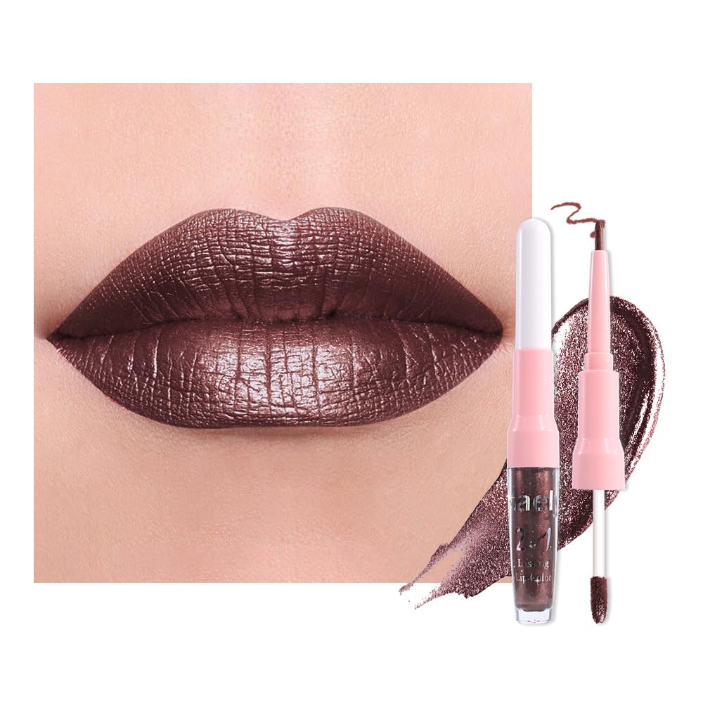 Kaely 2-in-1 Dark Borwn Metallic Lipstick and Lip Liner, Shimmer Liquid Metallic Lipsticks for Women, Glitter Lip Gloss Stain Long Lasting Waterproof Smudge Proof 24 Hour, Vegan Makeup, 11