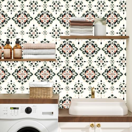BOKEBEVE Boho Floral Peel and Stick Wallpaper Beige Green 17.5 x 393.5In - Image 2