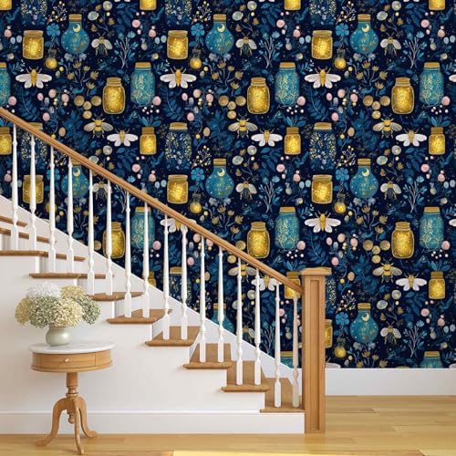 Enchanted Firefly Jar Peel and Stick Wallpaper, Night Botanical Wallpaper - Image 6
