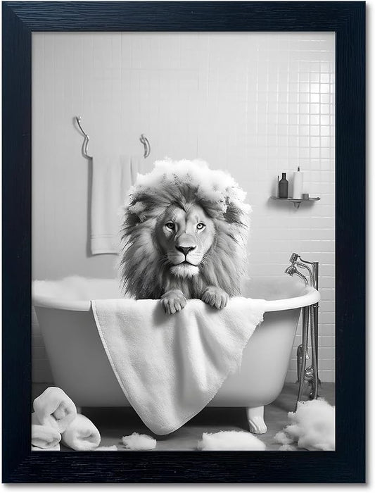 Framed Black and White Animal Bathroom Wall Art Funny Lion in tub Bathroom by Melpa+Art