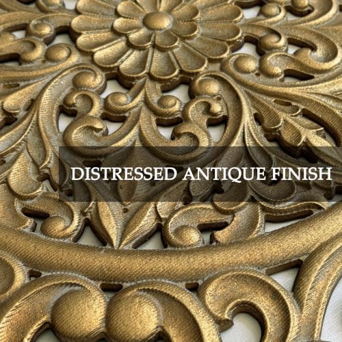 XIAOAIKA Boho Carved Wood Wall Art Panel, Floral Mandala, Distressed Gold - Image 4