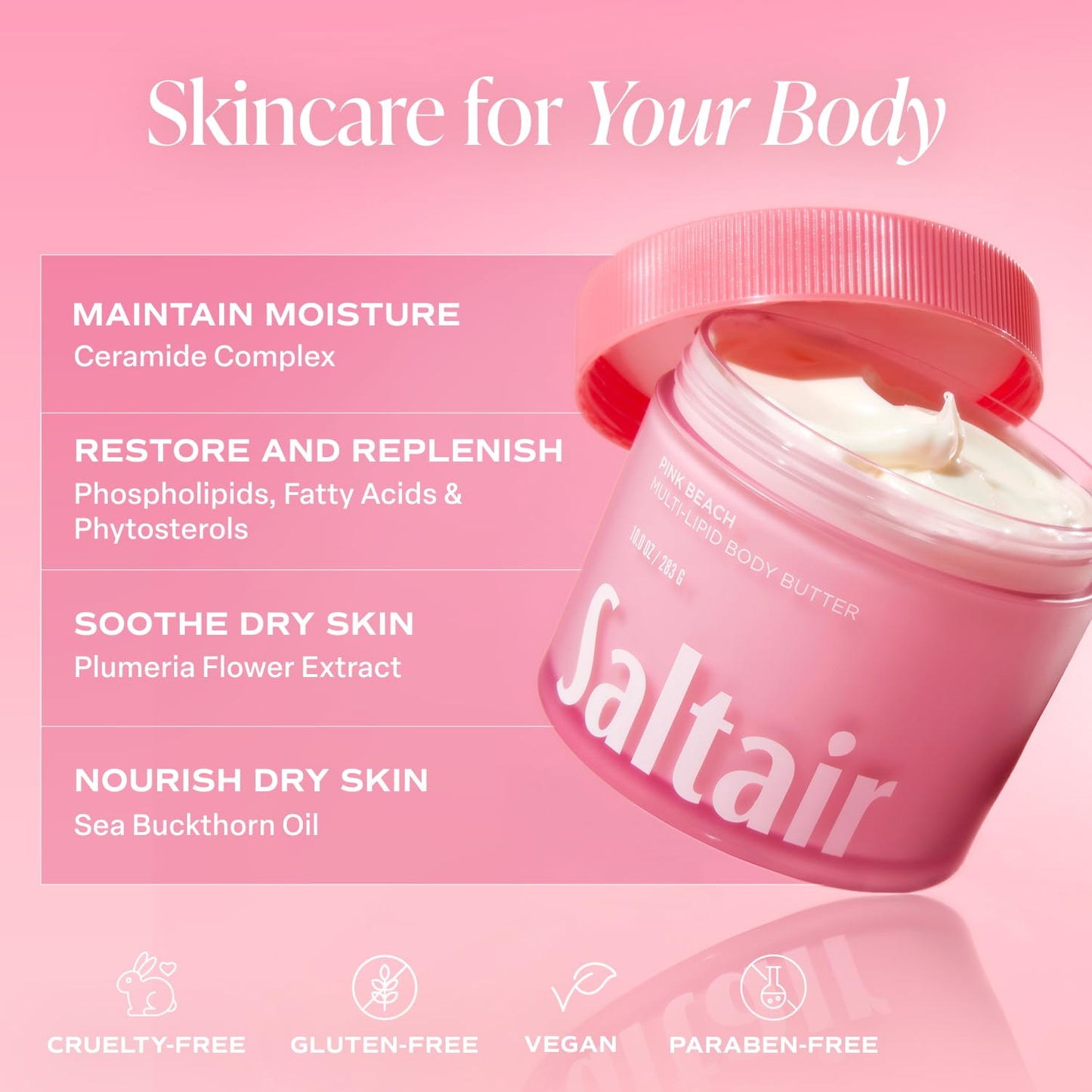 Saltair Multi-Lipid Body Butter - Rich, Nourishing Pink Beach Hydrating Body Cream with Ceramide Complex, Coconut Oil, Shea Butter, and Sea Buckthorn. Deep Moisturizing Dry Skin Care. 10oz Jar