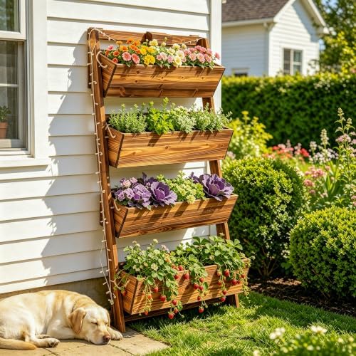 4ft 4-Tier Lighted Wall-Leaning Wooden Vertical Garden Planter - Image 2