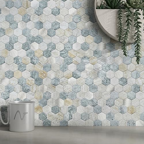 Peel and Stick Backsplash Hexagon Marble Tiles Blue Green 10pcs by MOFIT
