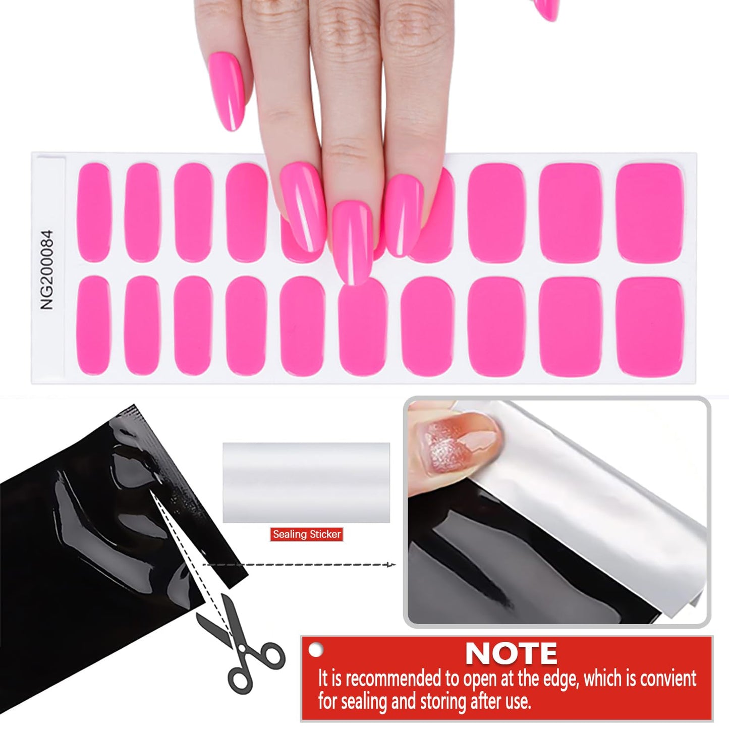WOKOTO 20 Pcs Hotpink Semi Cured Gel Nail Strips With Nail File & Wooden Stick Nail Polish Strips Gel Nail Stickers Full Nail Wraps For Women Girls Stick On Real Nail Polish Stickers For Nails