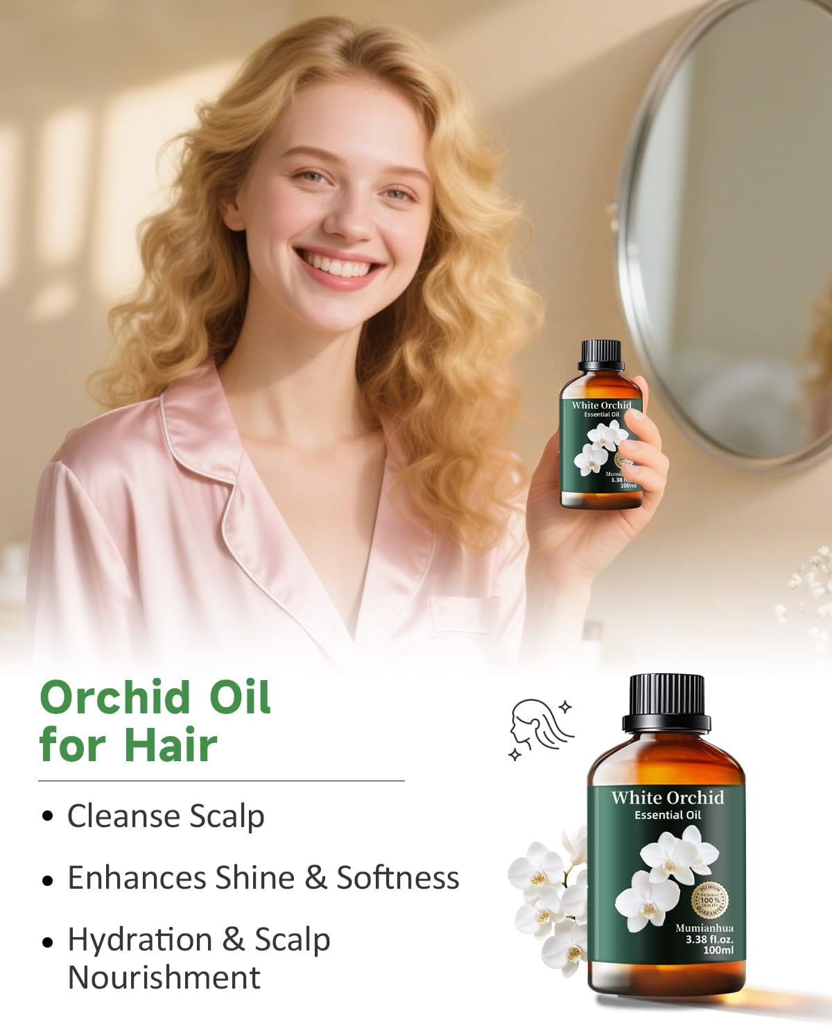 Mumianhua White Orchid Essential Oil Pure - Therapeutic Grade Aromatherapy Oil for Skin Care, Diffuser & Candle Making 100ml 3.38 Oz w/Dropper