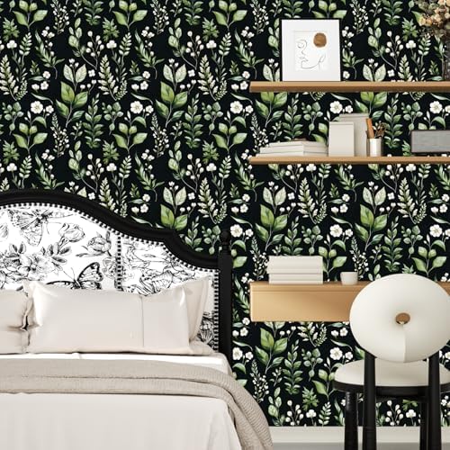 Danodoi Black Green Vintage Leaf Peel and Stick Wallpaper 17.5" x 118" - Image 5
