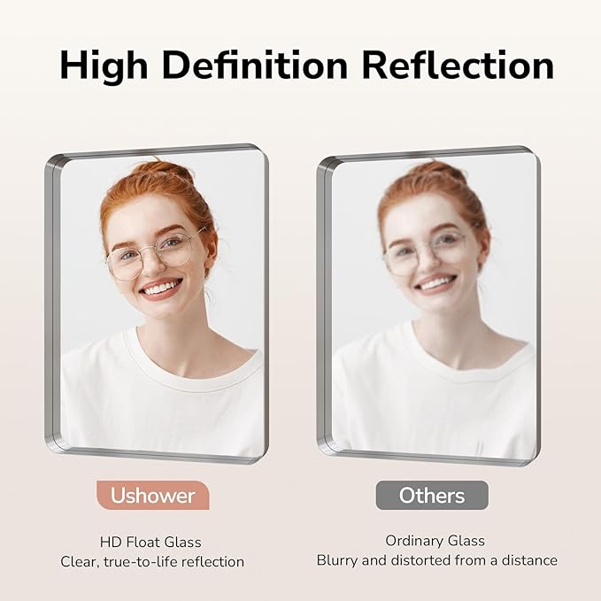 USHOWER Brushed Nickel Bathroom Mirror 22"x30", Rounded Corner, Aluminum Frame - Image 3