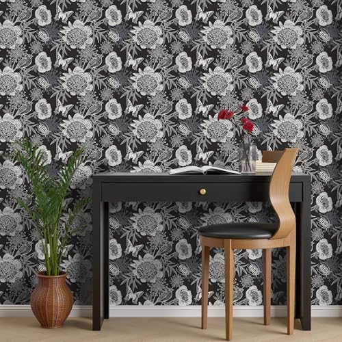 FLFK Peel and Stick Wallpaper Floral Birds Black Wallpaper 16" x 128" - Image 2