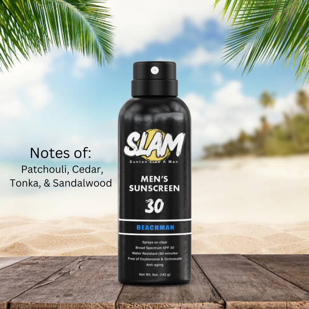 SLAM BeachMan Men's Scented Sunscreen Spray SPF 30 – Broad Spectrum Sun Screen for Face & Body, Water & Sweat Resistant Spray Sunscreen SPF 30, UVA/UVB Protection, Mens Sunblock
