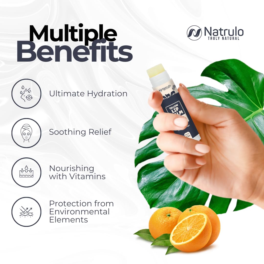 Beef Tallow Lip Balm – Natural Tallow Beeswax Chapstick – Hydrating Moisturizer Grass Fed Tallow Balm Lip Care – Soothes Chapped, Dry Lips, Sensitive Skin – Long Lasting Vitamin Rich USA-Made Orange