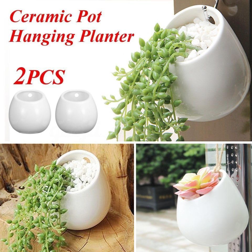 HOMSFOU 2-Pack Hanging Ceramic Planters Whiteware Pots - Image 2