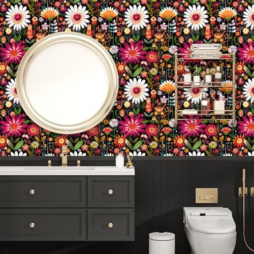 BOKEBEVE Floral Wallpaper Peel and Stick Boho Pink Colorful 17.5 x 393.5In - Image 4