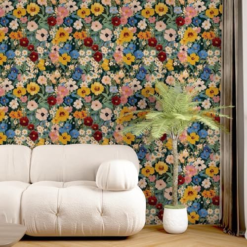 BOKEBEVE Floral Wallpaper Peel and Stick Boho Green Yellow 17.5 x 393.5In - Image 3