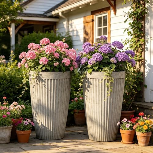 Autodaya 20" Resin Outdoor Tall Planters Set of 2, Ivory Fluted - Image 2