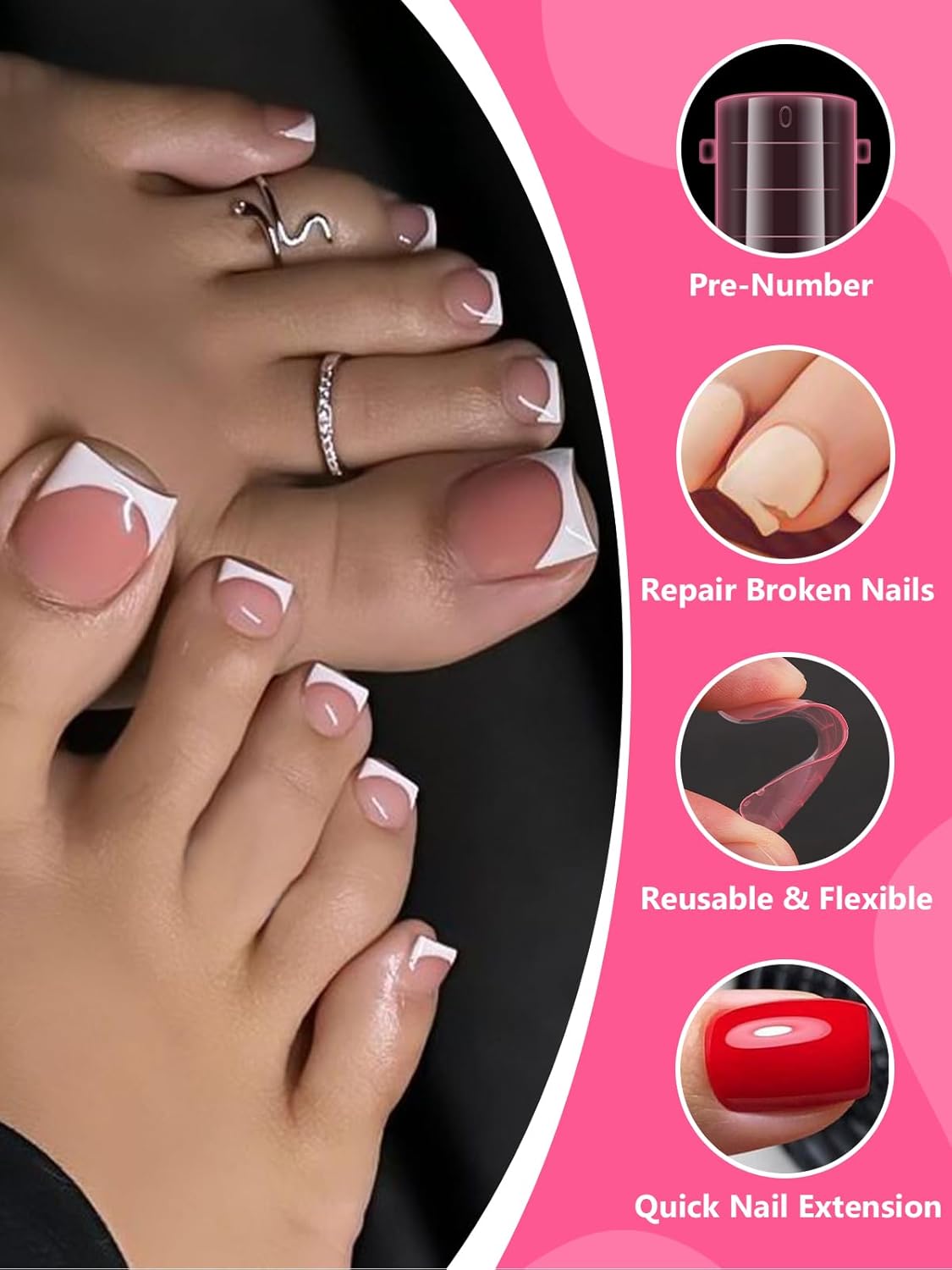 TOROKOM Poly Gel Nail Forms Kit for Toes - 120PCS Reusable Dual Toenail Forms for Builder Gel, Toe Nail Kit with 2.5oz Slip Solution, Brush, File, 5PCS Clips - 12 Sizes