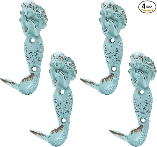 SOFFEE DESIGN 4pcs Mermaid Shape Metal Wall Coat Hooks, Beach Decoration Wall by SOFFEEDESIGN