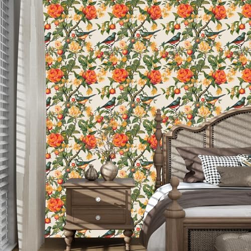 Danodoi Orange Vintage Bird and Stick Wallpaper 17.5" x 393" - Image 7
