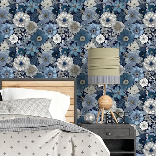 Navy Blue Floral Peel and Stick Wallpaper, Vintage Blue Bloom Wallpaper - Image 6