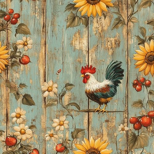 Sunflowers Rooster Peel and Stick Wallpaper 17.3"x78.7" Wood Vintage Non-Woven by Unknown