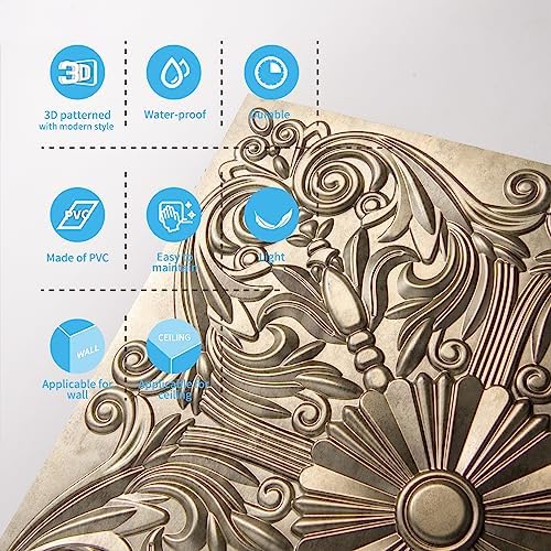 Art3d Spanish Floral Drop Ceiling Tiles, 24 x 24 in, Antique Gold - Image 6