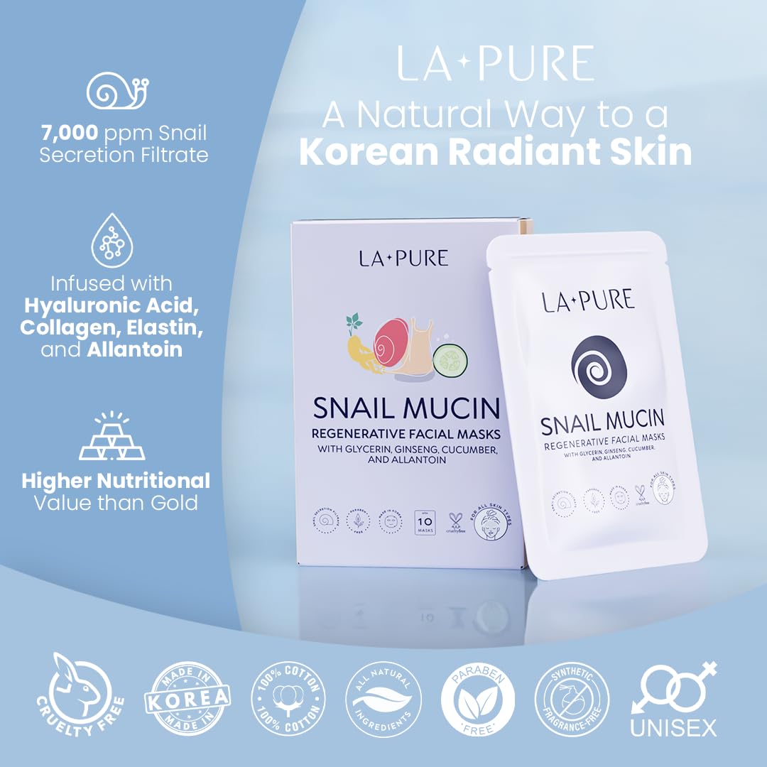 Snail Mucin Mask – 10ct Korean Sheet Mask Pack for Signs of Aging, Aid Skin Repair & Hydration – Pure Snail Mask for Face with Collagen & Hyaluronic Acid – Cruelty-Free Hydrating Sheet Mask