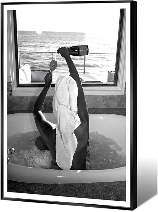 Trendy Black and White Poster Funny Woman Drinking Wine in Bathtub Wall Art by Acqooeakt