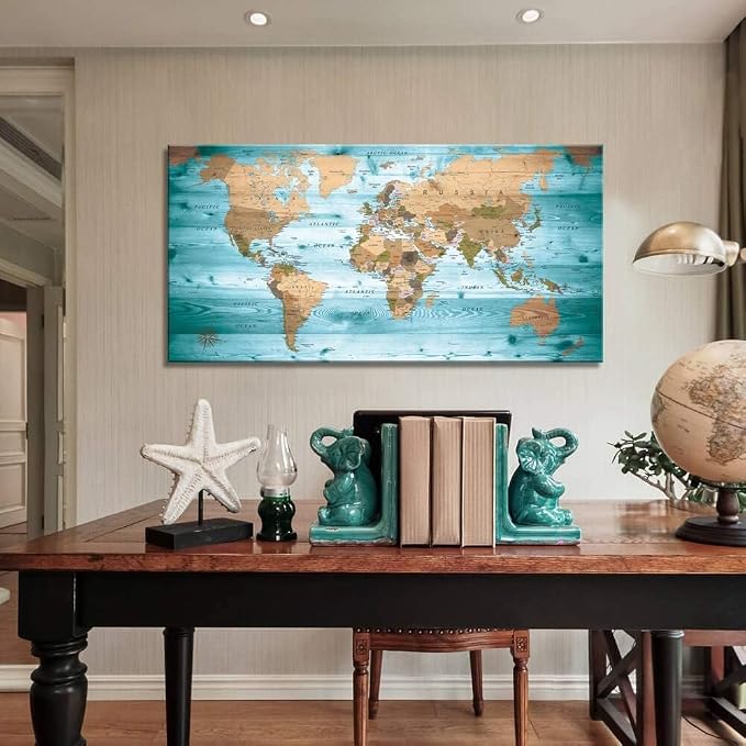 Large Wall Art Blue map of The World Painting Ready to Hang 20"x40"Large Framed - Image 3