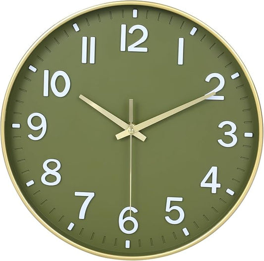HZDHCLH Wall Clocks Battery Operated, Wall Clock Green Gold, 12 inch Wall Clock by HZDHCLH