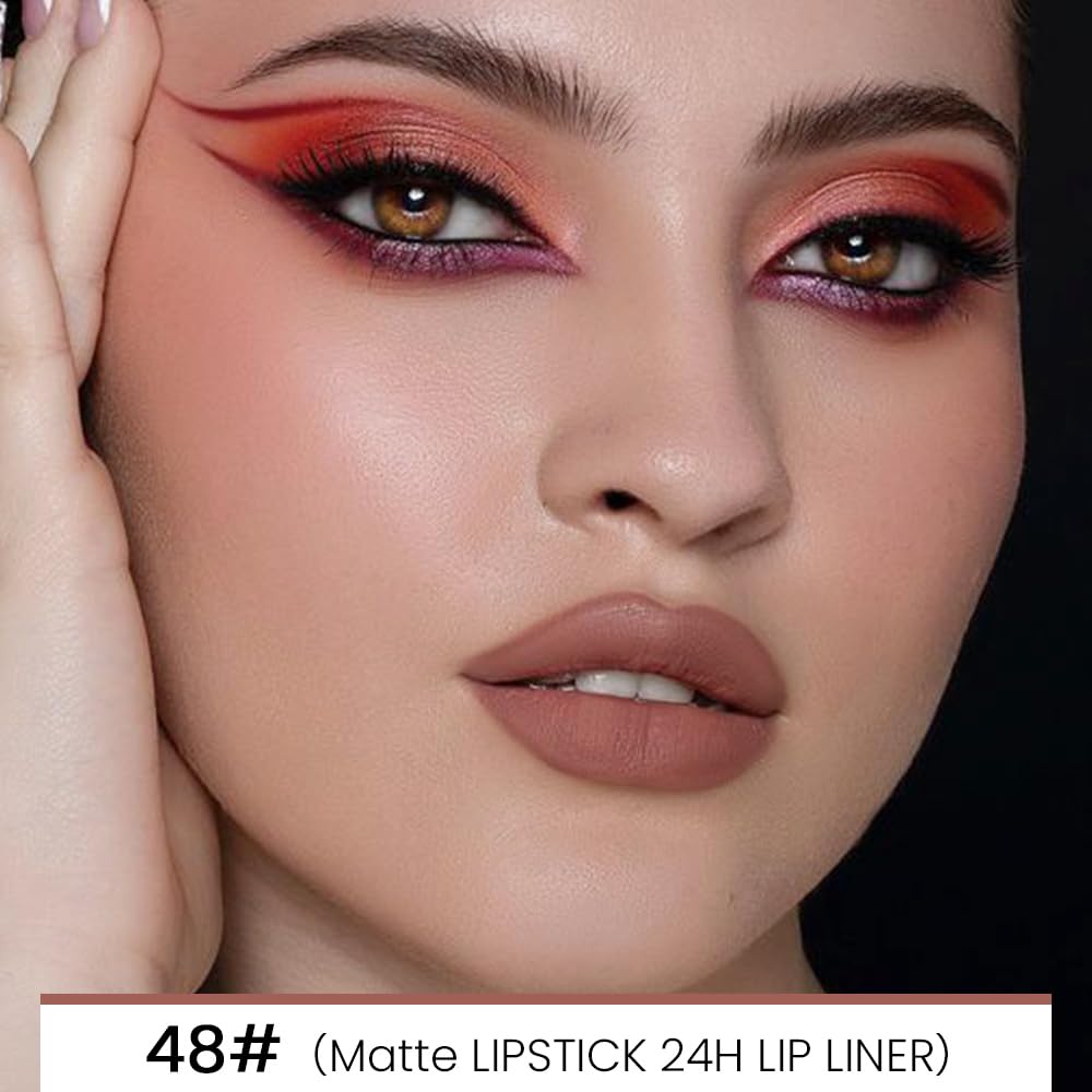 evpct 1Pcs Nude Brown Velvet Matte Lip Liner and Lipstick Combo Set Kit for Women, Magic 24 Hours Lipstick and Lip Liner Makeup Set Stain Long Lasting Waterproof labial, 48#