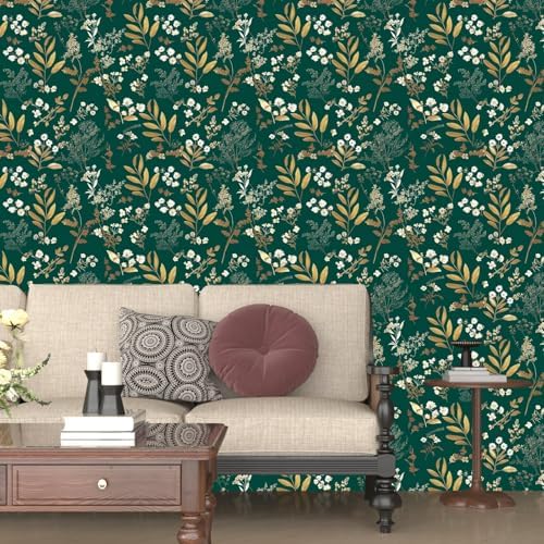 Laatse Vintage Dark Green Gold Floral Peel and Stick Wallpaper 17.5"x393" - Image 4