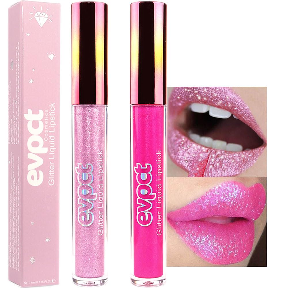 evpct 2Pcs Rose & Hot Pink Glitter Metallic Shimmer Diamond Lipstick Lip Gloss Set for Women Long Lasting Waterproof, Light Bright Rose Pink Sparkle Glitter Matte Liquid Lipstick Lip Makeup Kit