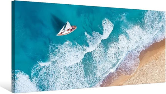 Goldfoilart Blue Ocean Sea Beach Canvas Wall Art Sailboat Painting Print on by Goldfoilart