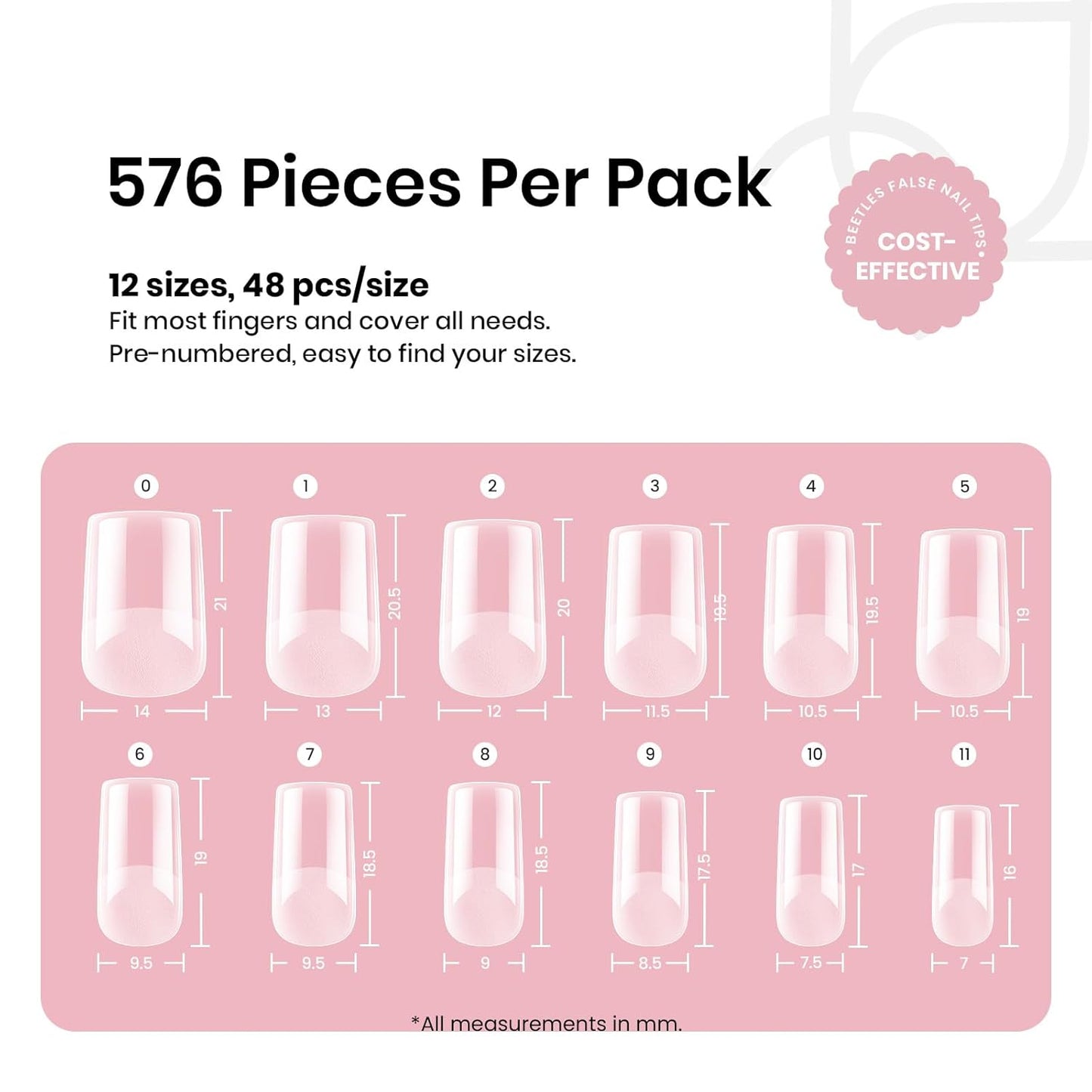 Beetles Gel Nail Tips Etch-X, Square Short, 576Pcs 12 Sizes, Pre-Shaped Half Matte Full Cover Soft Acrylic Fall False Nail Tips Easy DIY Press On Nail Extension Manicure Salon Gift for Women
