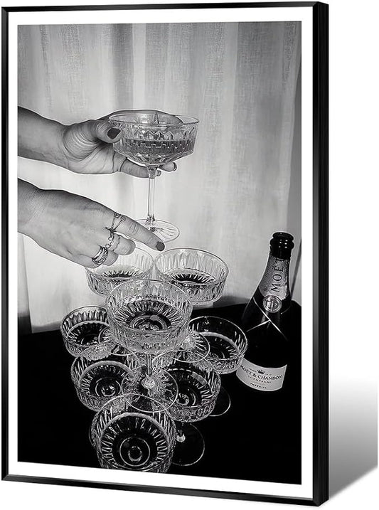 Vintage Champagne Glasses Posters Black and White Wall Art Trendy Wine Decor by Acqooeakt