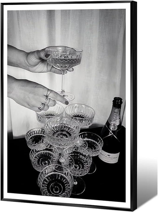 Vintage Champagne Glasses Posters Black and White Wall Art Trendy Wine Decor by Acqooeakt