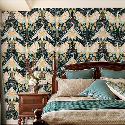 HAOKHOME Crane Wallpaper Peel Stick Boho Bird Chinoiserie 17.3in x 32.8ft - Image 2