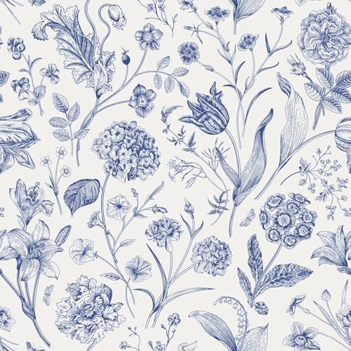 White and Blue Floral Peel and Stick Wallpaper Vintage 17in x 197in by lenify