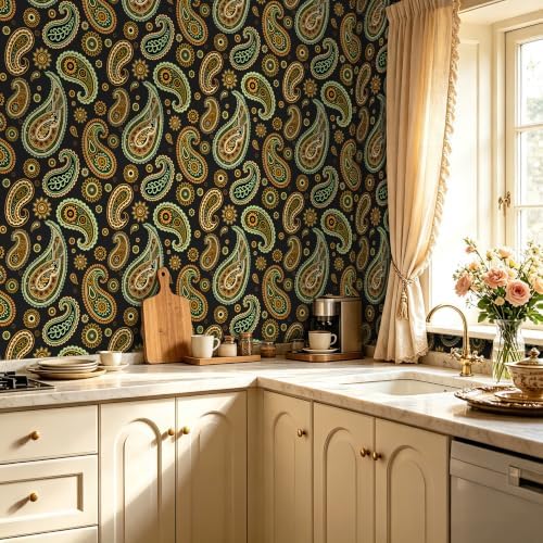 BOKEBEVE Black Floral Wallpaper Peel and Stick Vintage Green 17.5 x 118In - Image 5