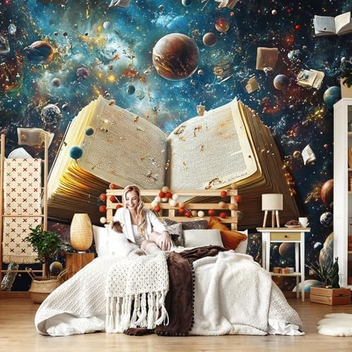 Colorful Wall Mural Wallpaper Books Planets in Space Surreal Style Hotel Lobby - Image 3